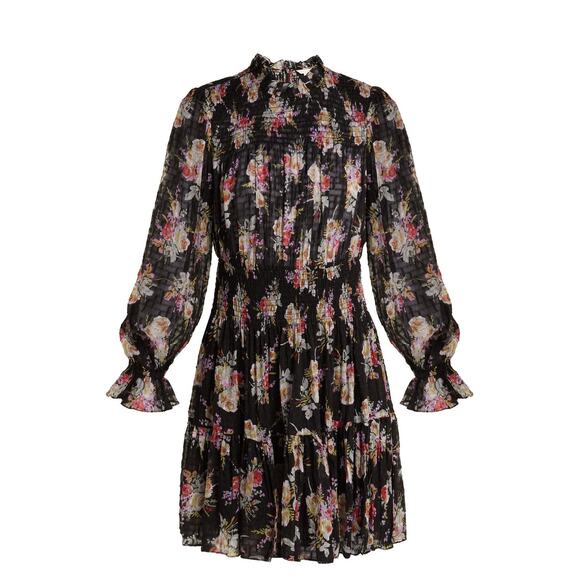Rebecca Taylor Bouquet Silk Floral Smocked Mini Dress in Black | Size Small - Picture 8 of 10